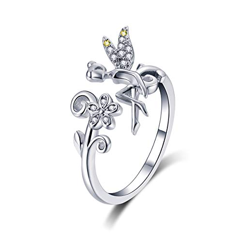 Anillo ajustable de plata de ley 925 con diseño de hada y margarita para mujer, regalo para el...