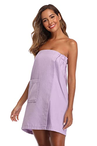 Image of Women's Bath Towel Wrap Waffle Spa Body Wrap with Adjustable Closure Quick Dry Lightweight Towel Robes with Pocket, Light Purple L /XL