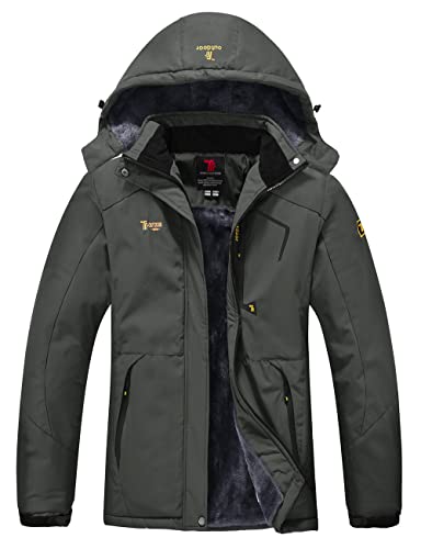 YSENTO Chaqueta de invierno para mujer, resistente al agua, chaqueta de esquí para exterior, chaqueta de softshell cálida, con capucha extraíble, gris oscuro, L