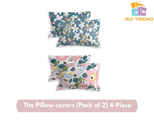 Image of RD TREND Pillow Cover Set of 2 | 210 TC Premium Glace Cotton | Soft & Breathable | Floral Printed Design | Standard Size 18x28 Inches | Teal & Pink | 4 Pcs