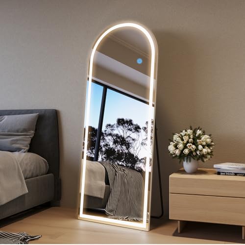 Image of Koonmi Arched LED Full Length Mirror 26 inch x 65 inch Wall Mounted /Standing Full Body Mirror with Dimmable & 3 Color Lighting, Aluminum Alloy Frame, Tempered Glass, Safe to Use, for Bedroom /Cloakroom