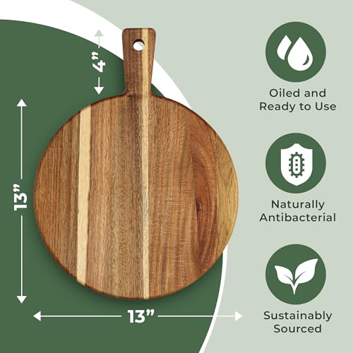 Image of Acacia Wood Cutting Board and Chopping Board with Handle for Meat, Cheese Board, Vegetables, Bread, and Charcuterie - Decorative Wooden Serving Board for Kitchen and Dining Room, Large 13 inch x 13 inch