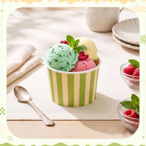 Image of Zopeal 50 Count Green and Cream Striped Ice Cream Cups Paper Dessert Bowls | Disposable 9 oz Ice Cream Bowls, Birthday Party Supplies, Snack Cups Sundae Picnic Yogurt Bowls for Food