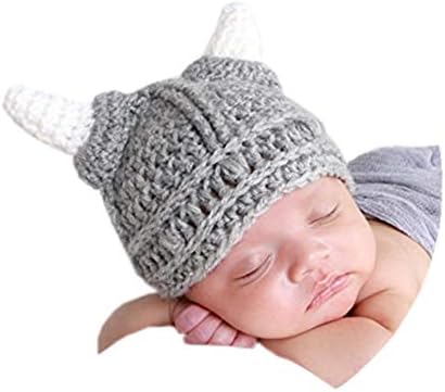 Baby Beard Viking Knit Hat Barbarian Bull Horn Crochet Handmade Knit Beanie Hat