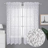 Lecloud Leia 2 Panels Sheer White Curtains 63 Inch Length for Kitchen, Privacy Protections Bedroom Curtain & Drapes Rod Pockets Top, Jacquard Clip Farmhouse Leaves Voile Living Room Panels, 38x63 Inch