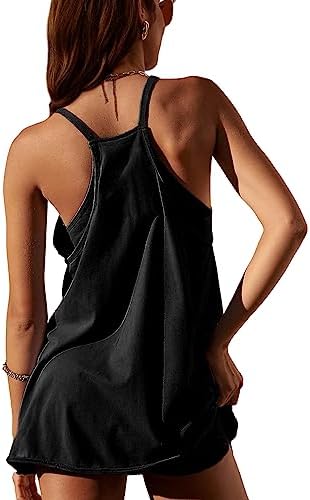 Lentta Womens Athletic Sleeveless Mini Dress with Built-in Shorts V Neck Spaghetti Strap Sundress(Black-M) - 1
