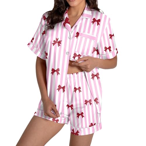 Image of Valentines Pajamas For Women Short Sleeve 2 Piece Set Valentine Day Outfit Bow Heart Print Button Soft Sleepwear