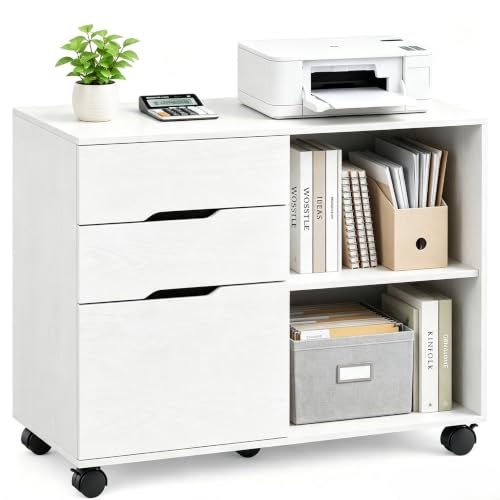 Image of Simple Deluxe 3 Drawer Rolling File Cabinet, Wood Printer Stand with Adjustable Shelf for Home Office Study Organizatiom, White