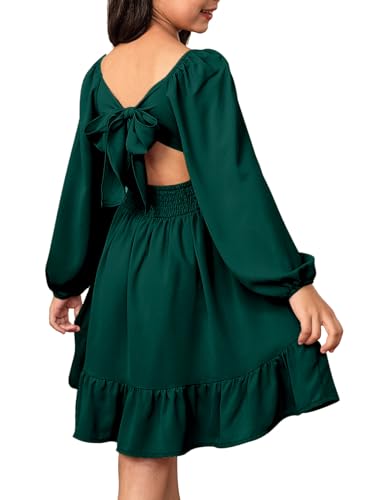 blibean Girls Fall Tie Back Dress Tween Long Sleeve Wedding Guest Dresses Big Kids Boho Formal Christmas Outfits Teen Flower Holiday Clothes Size 8-9 Years Old Deep Green