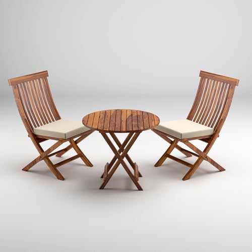 Image of Sheesham Wooden Portable Foldable 2 Seater Chair with Table Set Outdoor Balcony Garden Coffee Table Set Furniture with 1 Table and 2 Chairs Set (Honey Finish with White Cushion)