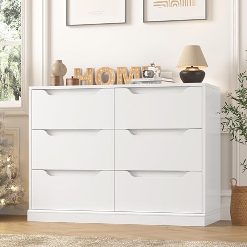 HOSTACK-Modern-6-Drawer-Dresser-for-Bedroom-Double-Chest-of-Drawers-with-Storage-Large-Wooden-Storage-Dresser-Organizer-with-Cut-Out-Handles-Accent-Storage-Cabinet-for-Living-Room-Entryway-White HOSTACK Modern 6 Drawer Dresser for Bedroom Double Chest of Drawers with Storage Large Wooden Storage Dresser Organizer with Cut Out Handles Accent Storage Cabinet for Living Room Entryway White