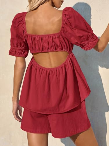 Image of Tankaneo Womens 2 Piece Outfits Summer Square Neck Short Puff Sleeve Babydoll Tops and Shorts Matching Set