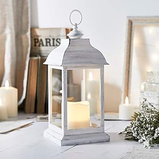 Lights4fun Distressed White Decorative Candle Lantern Battery Operated LED Indoor Outdoor Use with Timer 30cm