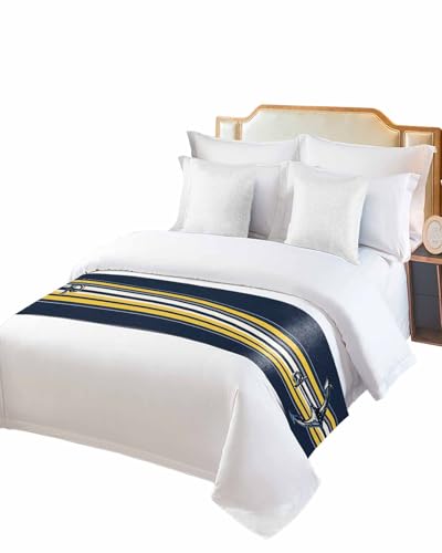 Twin Bed Runner Nautical Vintage Medieval Anchor Bedding Runner Scarves Decorative Bed Scarf, Navy Blue Yellow Stripes Soft Bedding Scarf for Bedroom Hotel Wedding 83x20in