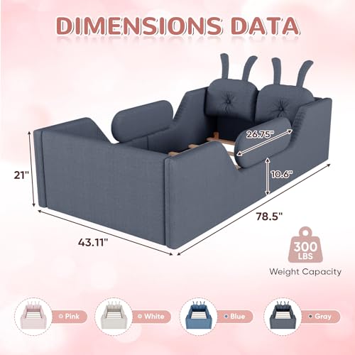 Image of Twin Size Kids Bed with Rabbit Cushions, Upholstered Boucle Fabric Platform Floor Twin Daybed with Removable Side Rail, Space-Saving Wooden Corner Sofa Couch Bed Frame for Girls, Boys, Teenager(Grey)
