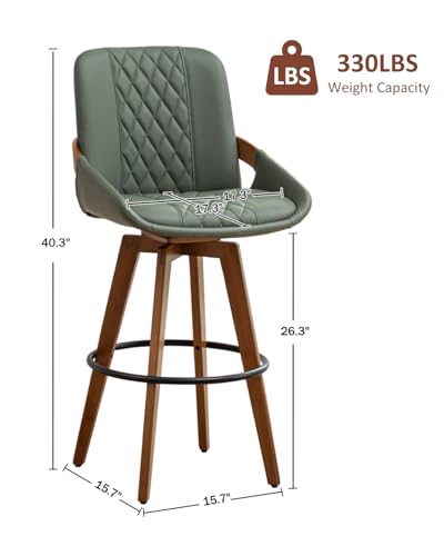 Image of AQG Counter Height Bar Stools Set of 4, Mid Century Modern Bar Chairs Swivel with Back, Faux Leather Upholstered Barstools Walnut Wood Frame for Kitchen Island (Green, 26 Inch - 4 PCS)