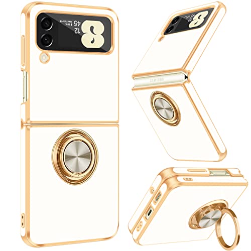 Coque Samsung Galaxy Z Flip 3 blanche fine en TPU souple avec anneau rotatif et bords dorés