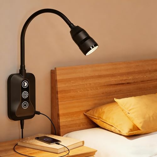 Image of LED Wall Mounted Reading Light with Wave Sensor /Touch Switch, 5 Color & 5 Level Dimmable Touch Bed Lights for Reading with USB C Output, Eye-Care Bedside Reading Light for Bed,Heaboard (Black)