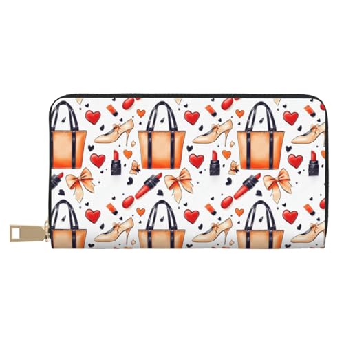 Leather Thin Slim Wallets for Women Men - Fashion Heels Lipstick Handbag Print Card Wallet Holder with Zipper