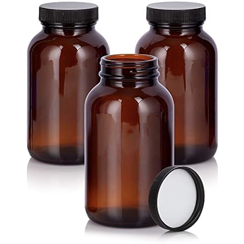 JUVITUS Amber 8 oz Glass Packer Bottle with Black Ribbed Lid (3 pack) Cover