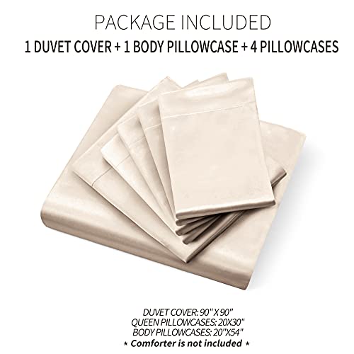 Image of Ersmak 6 Pieces Satin Duvet Cover Full /Queen Size Luxury Silky Bedding Duvet Cover Set with 1 Soft Duvet Cover, 4 Queen Pillowcases and 1 Body Pillowcase, Beige
