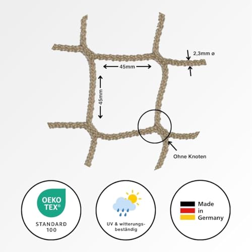 HAMBURGER TAUWERK-FABRIK EST. 1901 Netz, Universal Schutznetz Naturfarben - Breite: 1,5m Meterware (Preis pro Meter) - Made in Germany, Sicherheitsnetz, Balkonnetz, Rausfallschutz, Relingsnetz
