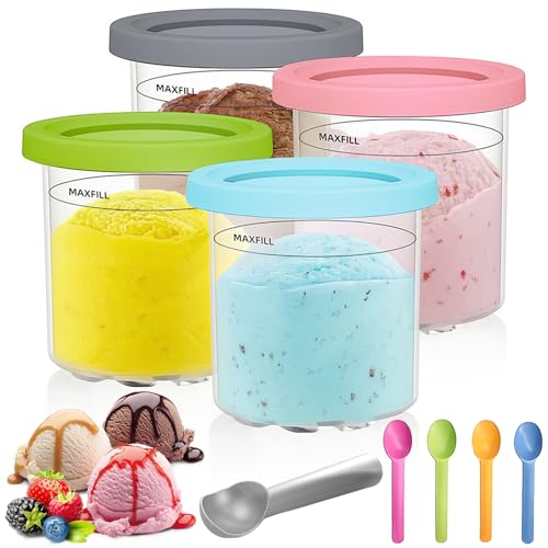 Druuzyl 4 Piezas Recipiente de Helado para Creami, Recambio para Pintas para Ninja Creami con Tapa y Cuchara de Aluminio para Ninja Creami Ice Cream Maker NC300 NC301 NC299AMZ Serie