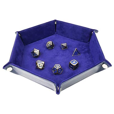 Dice Tray Metal Dice Rolling Tray Holder Storage Box for RPG DND Table Games, Double Sided PU Leather Tray(Oxford Blue) Cover