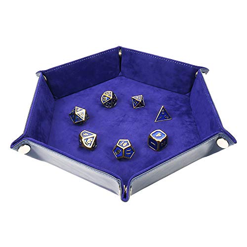 Dice Tray Metal Dice Rolling Tray Holder Storage Box for RPG DND Table Games, Double Sided PU Leather Tray(Oxford Blue)