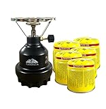 Campata tragbarer mini Gaskocher Set | Campingkocher | aus Metall | für 190g Stechkartusche | Kartuschenkocher (Schwarz + 5 Kartuschen)