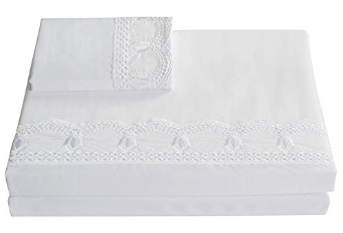 Merryfeel Cotton Bed Sheet Set,100% Cotton Sateen 300 Thread Count Embroidered Lace Sheet Set,Deep Pocket,4 Pieces,5-Star Hotel Collection- Queen White #TOP7