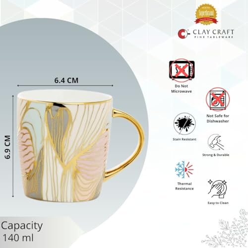 Image of Clay Craft Fine Ceramic Tea Cups Set of 6| 140 Ml Gold Print Cups with Handle | Elegant Design for Tea| Coffee| Home| Office & Gifting