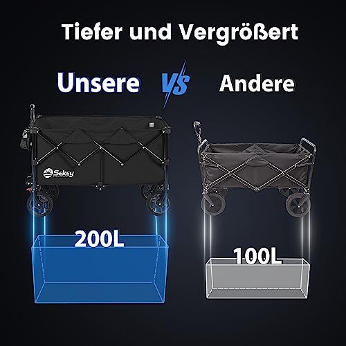 Sekey XXL Plus Bollerwagen Faltbar 200L 200KG Tragkraft, Faltbarer Bollerwagen Geländetauglich mit Bremsen, Handwagen Patentiert Klappbar aus Vier Richtungen, XXL-PlusG 4010, Tiefschwarz