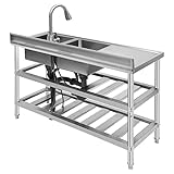 MuChaIOAK 3 Tier Restaurant Sink, Stainless Steel Utility Sink, 2 Compartment Free Standing Utility Sink with Faucet And Workbench for Garage, Restaurant, Kitchen