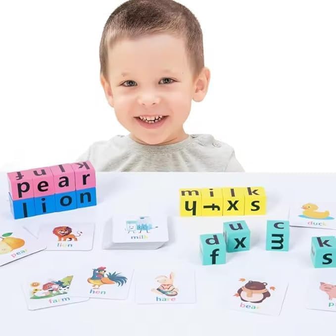 Image of Wooden Alphabet Spelling Game Montessori Learning Toy for Kids Educational Game for Word Building, Spelling & Early Aducation Toy 3+ Years 20 Letter Cubes 64 Flashcards 1 Bell
