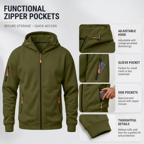 Mens Zip Up Hoodie Tactical Hoodie Fleece Comfy Sweatshirt Zipper Pockets - image 6