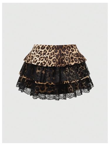 Verdusa Women's Leopard Lace Ruffle Skirt Y2K Tiered Layered Mini Skirts2