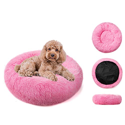 Huret Fluffy Calming Dog Bed Long Plush Donut Pet Beds for Cats Medium Large Dogs Cuddler Round Bed, Dark Pink, XS