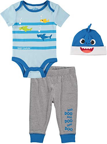 Baby Shark Infant Baby Boys 3 Piece Creeper with Pull on Pant and Matching Hat (Blue/Grey/Yellow, 0-3 Months)