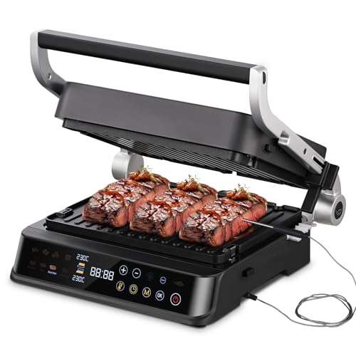 AMZCHEF parrilla eléctrica con 6 programas, función Sear hasta 280 °C, modo manual, sensor de temperatura, placas desmontables y bandeja para gofres. Ideal para carne, pescado, paninis y gofres