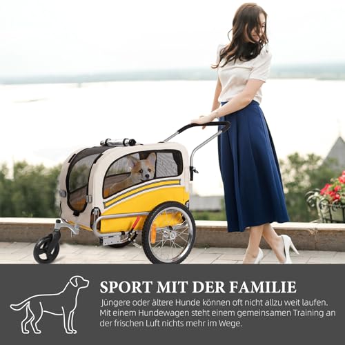 Fiximaster Hundeanhänger 2-in-1 für Fahrrad & Jogger – Transportwagen für Hunde bis 30 kg, faltbar, mit Bremsen, Signalwimpel, Outdoor & Heimgebrauch, leicht zu montieren (Gelb)