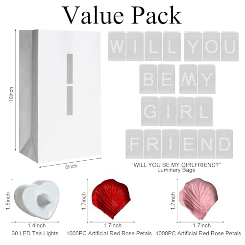 Image of Will You Be My Girlfriend Light Up Letters Luminary Bags, Banner, Romantic Decoration Kit with 30PC Bright LED Candles and 2000PC Fake Rose Petals