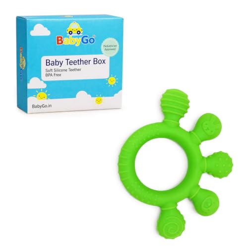 Image of BabyGo 2-in-1 Baby Teether & Sensory Ring | Soft Silicone Multi-Textured Chew Toy for Gum Soothing | Mouthing & Sensory Development | Easy-Grip Toy for Infants 3-12 Months | Green | Pack of 1