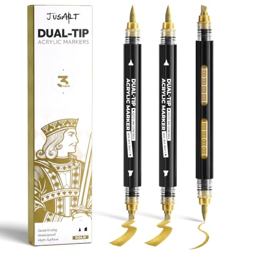 Image of JusArt 3 Gold Dual-Tip Acrylic Paint Markers, Automatic Ink Control | Metallic Paint Markers, Paint Pen for Wood, Glass, Fabric, Rock Painting, DIY Crafts for Adults, Classroom & School Supplies
