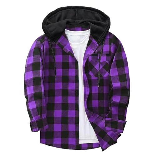 Men's Flannel Shirt Hoodie Long Sleeve Sweatshirts Loose Fit Casual Button Down Plaid Shirts with Flat Pocket