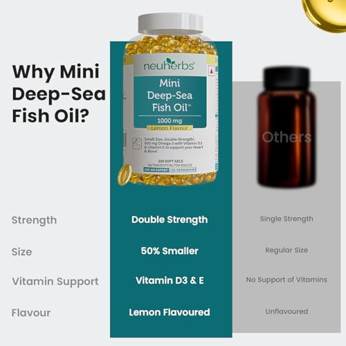 Neuherbs Mini Deep Sea Omega 3 Fish Oil Capsules 1000mg Supplement | EPA - 360mg, DHA - 240mg | With Vitamin E & D3 | Supports Heart, Brain, Muscle & Joint Health| Lemon Flavour - 200 Softgels