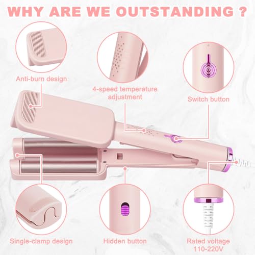 LOPHE Welleneisen Für Haare, 32mm Beach Waves Lockenstab 4 Temperatureinstellungen, Welleneisen Kreppeisen für die Haare, Wellenstab für Lange Kurze Haare, Alle Haartypen, Rosa