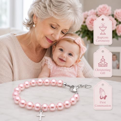 Image of Pink Pearl Bracelet, Sterling Silver Cross Charm Baptism Gifts for Girl