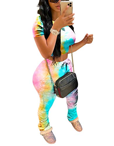 Womens Casual 2 Piece Outfits Tie Dye Print Crop Top Shirt Ruched Skinny Pants Active Tracksuit Set