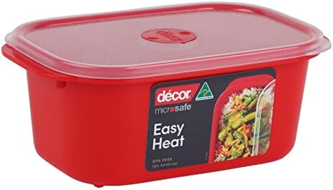Décor Microsafe food containers with lids & steam vent, quick reheating, non-staining round BPA-FREE microwavable plastic tupperware with splatter cover - 1.5L, Red